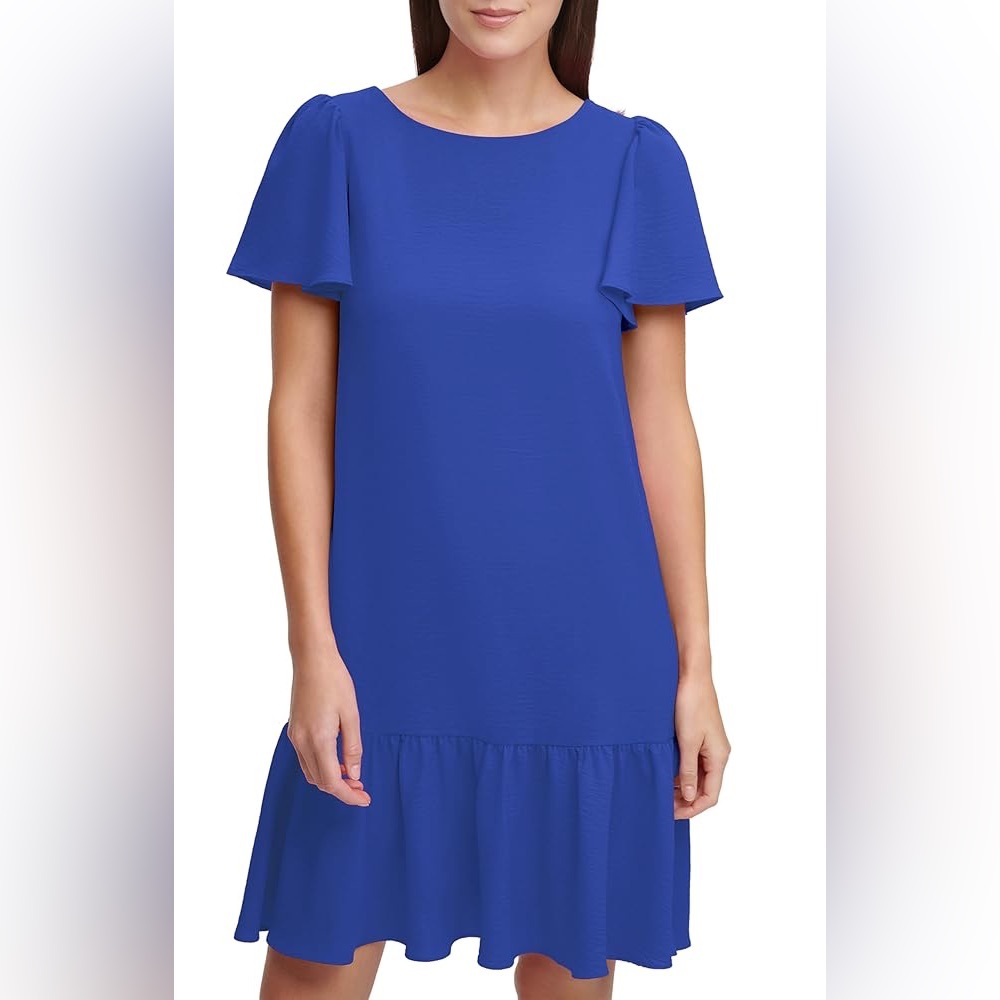 Women blue  Flowy Flutter sleeve ruffle hem